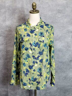 Sundance Floral Joy Button Down Shirt Olive Blue 100% Cotton Boho Western Size L